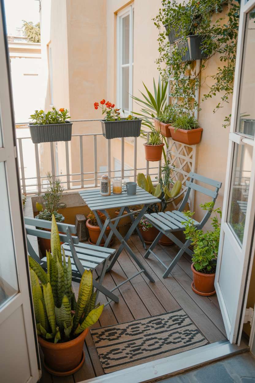 33 Beautiful Small Balcony Garden Ideas You’ll Love 20 Balcony terrace with metal folding furniture, geometric rug, and window box planters