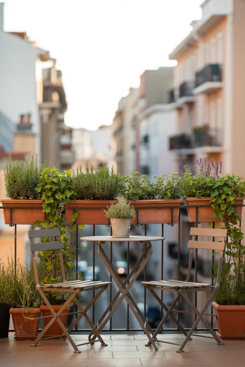 33 Beautiful Small Balcony Garden Ideas You’ll Love 21 Modern balcony garden viewed from street level with bistro furniture and herb wall