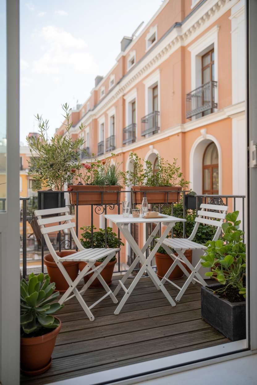 33 Beautiful Small Balcony Garden Ideas You’ll Love 22 Balcony with ornate building facade, white bistro set, and terracotta planters