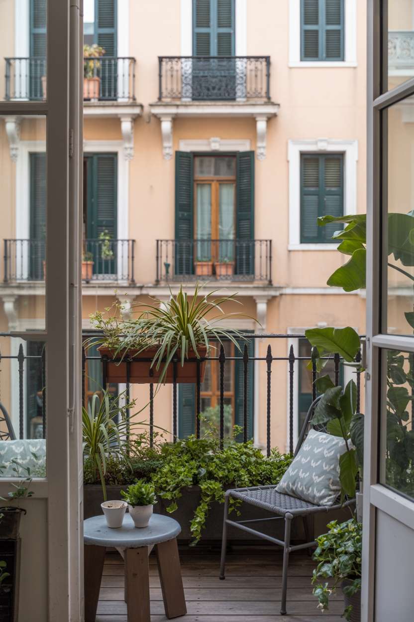 33 Beautiful Small Balcony Garden Ideas You’ll Love 23 Peach-colored balcony with wrought iron railings, tropical plants, and wooden deck