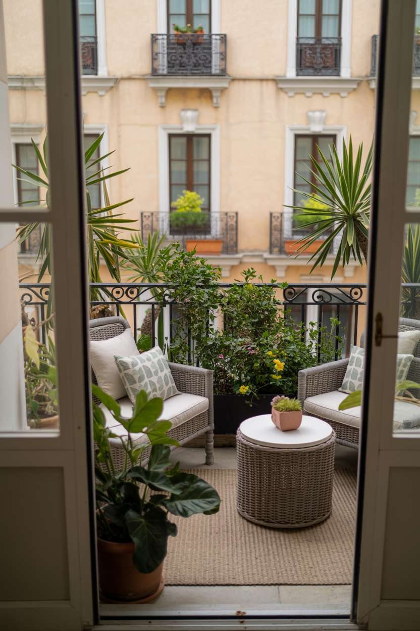 33 Beautiful Small Balcony Garden Ideas You’ll Love 24 Luxury balcony with wicker seating, French doors, and Mediterranean building views