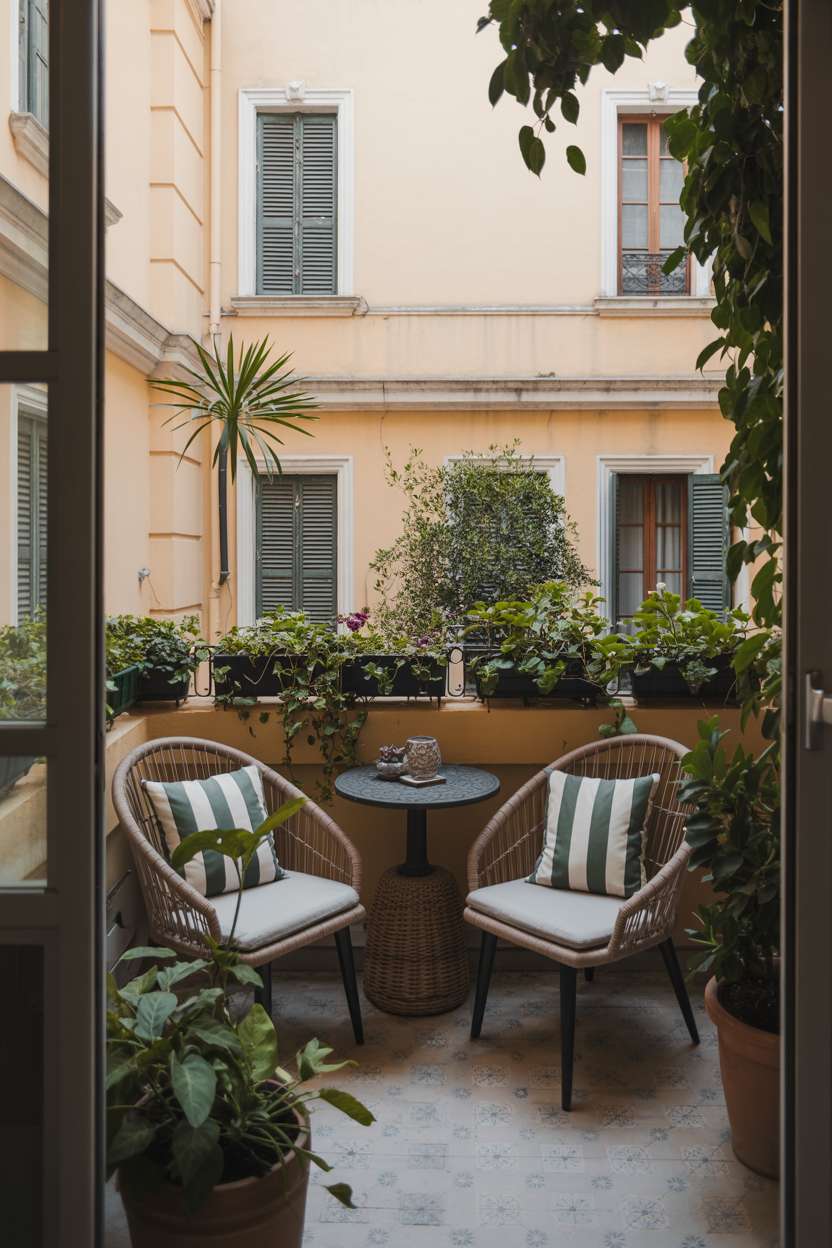 33 Beautiful Small Balcony Garden Ideas You’ll Love 25 Mediterranean balcony with rattan chairs, climbing vines, and cream-colored walls