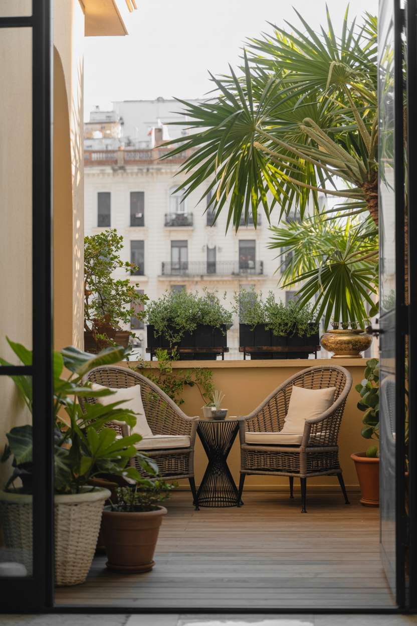 33 Beautiful Small Balcony Garden Ideas You’ll Love 26 Luxurious balcony with curved wicker chairs, palm trees, and classical building backdrop