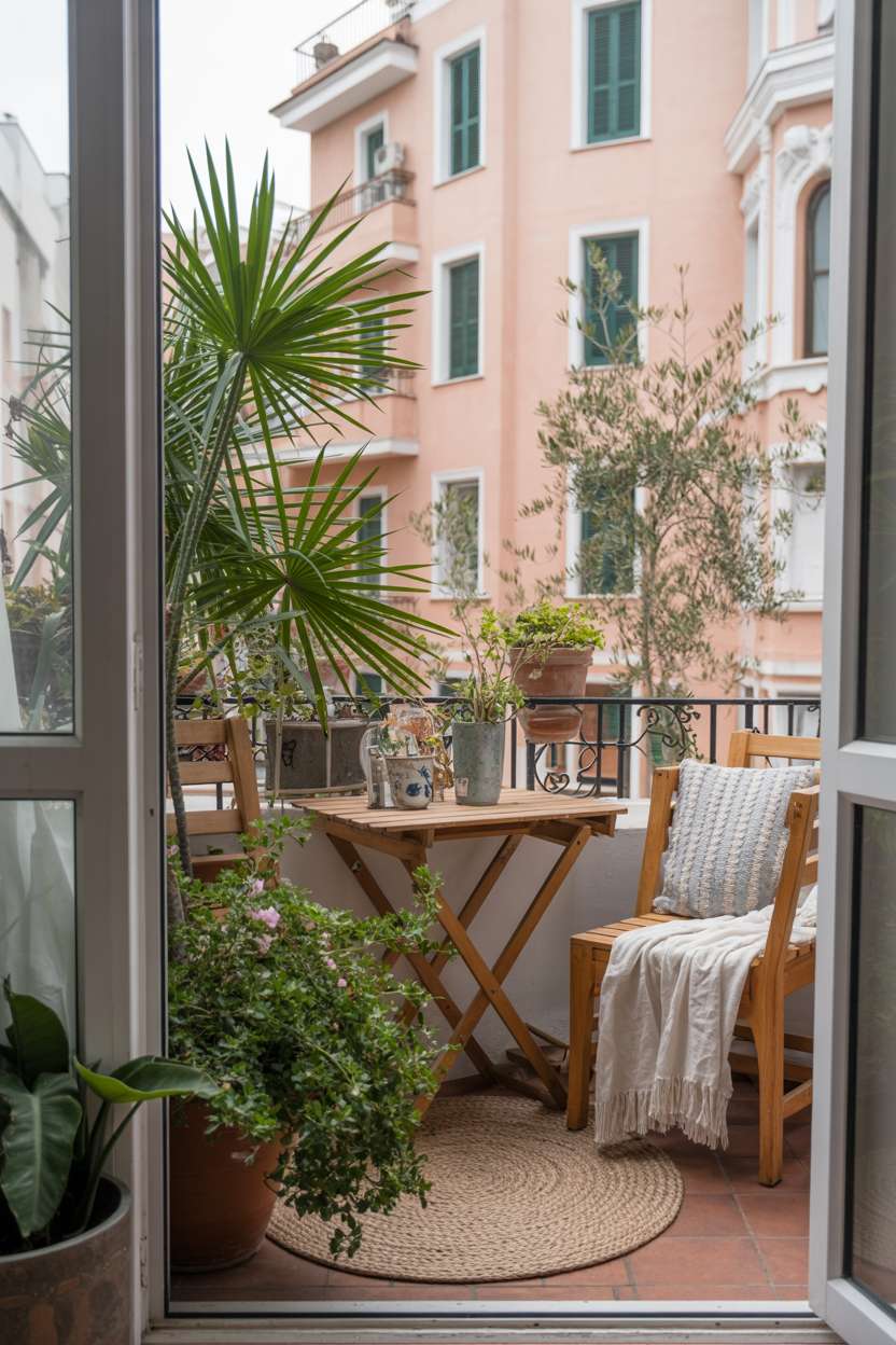 33 Beautiful Small Balcony Garden Ideas You’ll Love 27 Cozy balcony with wooden furniture, pink flowering plants, and Mediterranean building