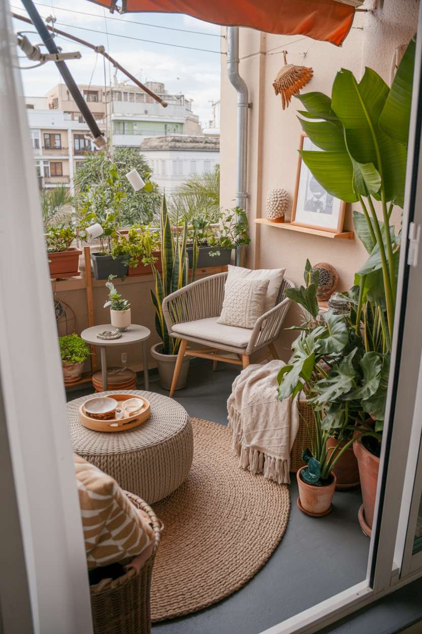 33 Beautiful Small Balcony Garden Ideas You’ll Love 28 Bohemian balcony interior with woven furniture, monstera plants, and jute rug