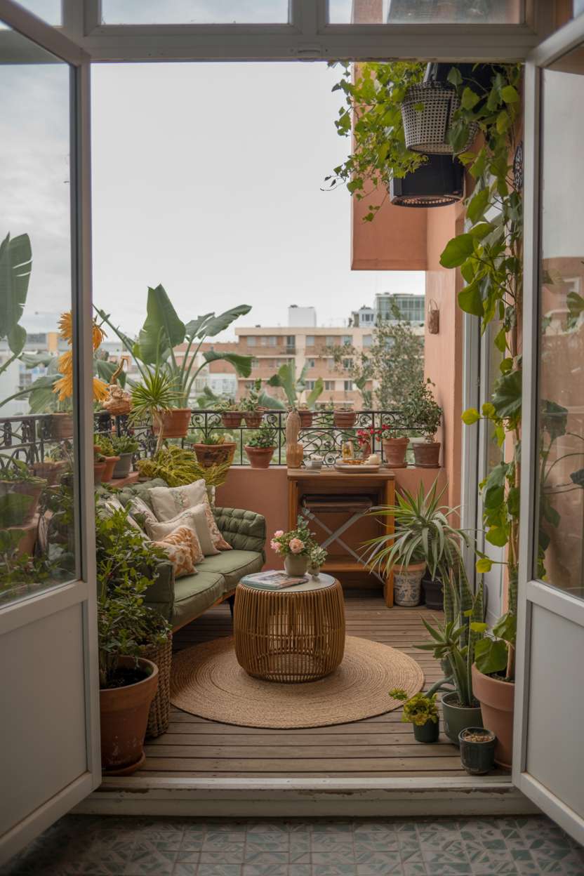 33 Beautiful Small Balcony Garden Ideas You’ll Love 29 Sunlit balcony with sage green velvet loveseat, banana plants, and wooden deck