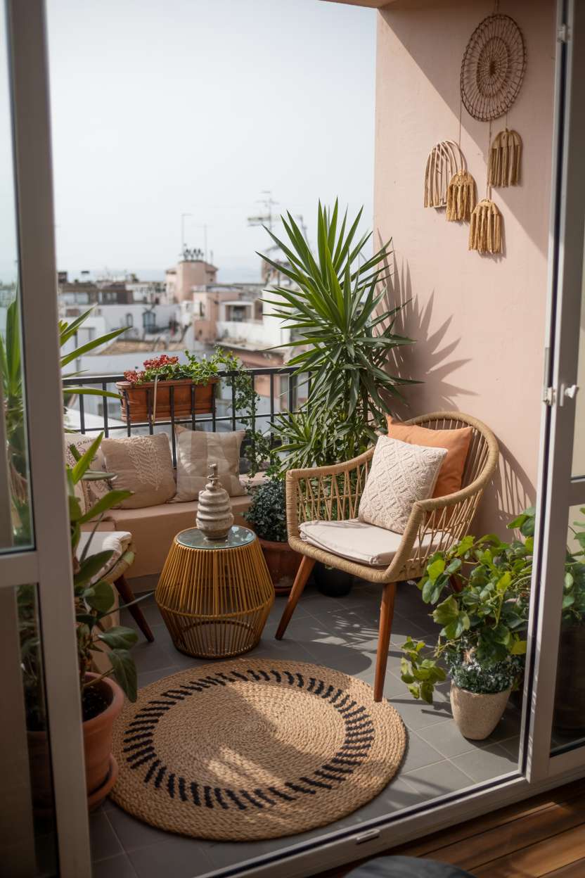 33 Beautiful Small Balcony Garden Ideas You’ll Love 30 Bohemian balcony with rattan chair, geometric rug, and palm plants