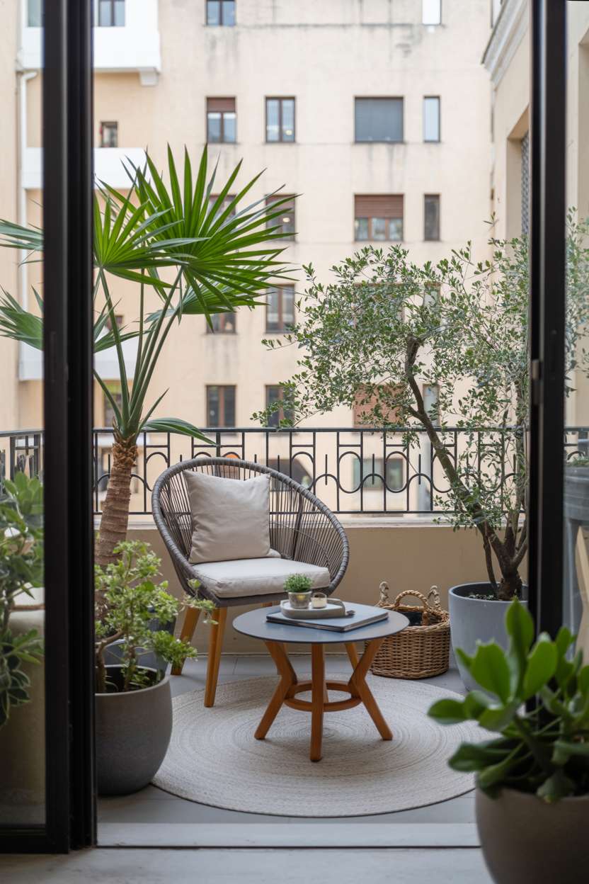 33 Beautiful Small Balcony Garden Ideas You’ll Love 31 Balcony with ornate black railings, circular rattan chair, and olive tree