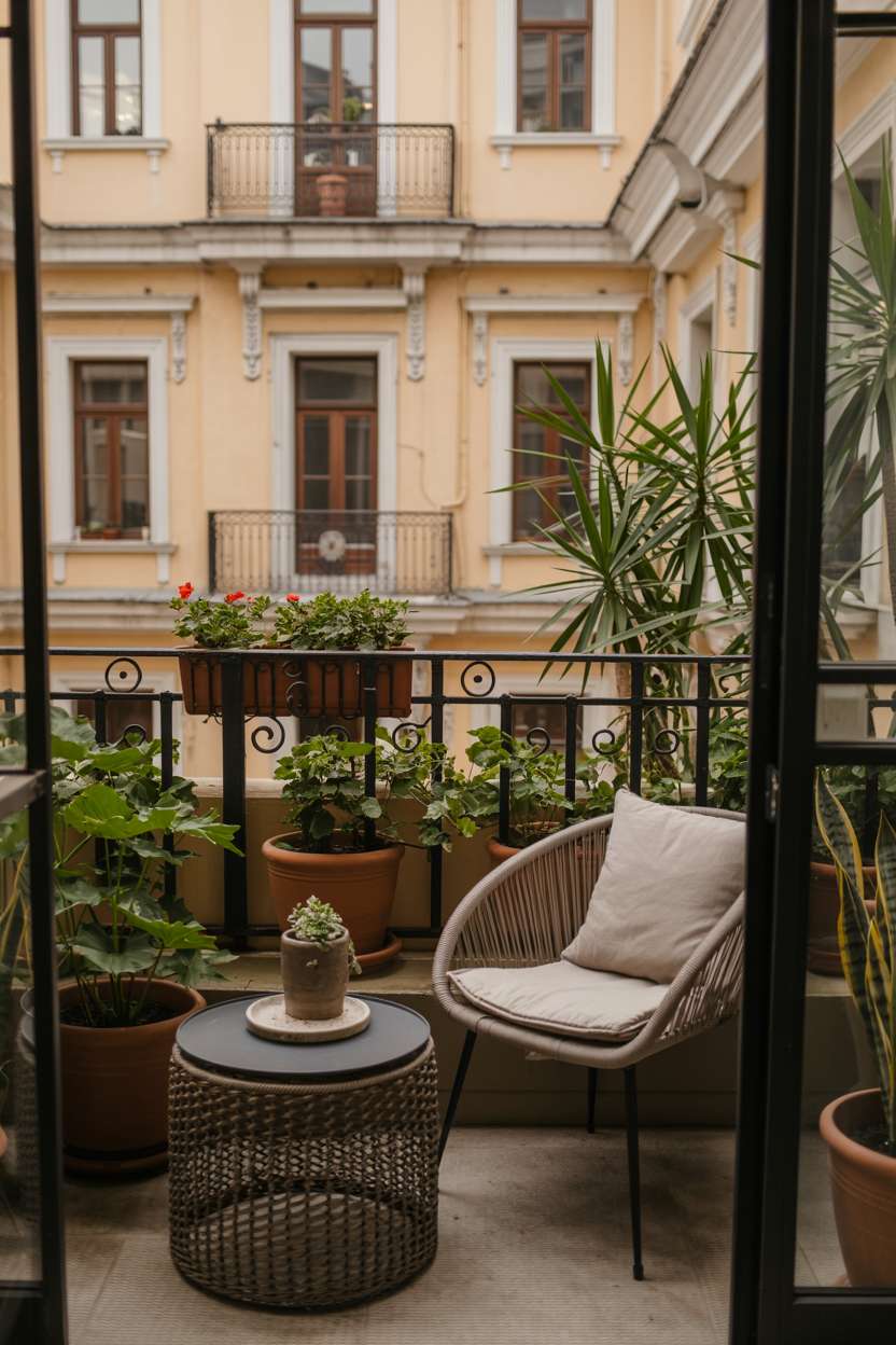 33 Beautiful Small Balcony Garden Ideas You’ll Love 32 Balcony with ornate railings, beige wicker chair, and colorful flowering plants