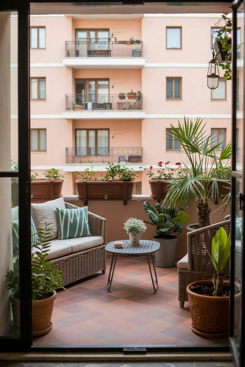 33 Beautiful Small Balcony Garden Ideas You’ll Love 33 Apartment balcony with wicker loveseat, tropical plants, and terracotta floor