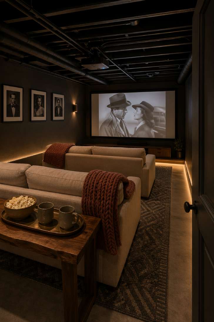 Small basement home theater with projector, dark painted ceiling, linen sofas, and warm ambient LED lighting