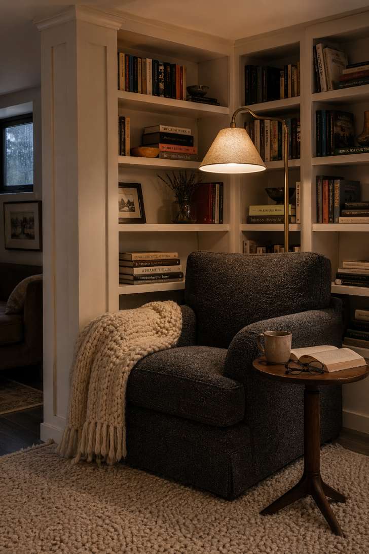 Small basement reading nook with deep armchair, floor-to-ceiling bookshelves, brass floor lamp, and a wrapped support column