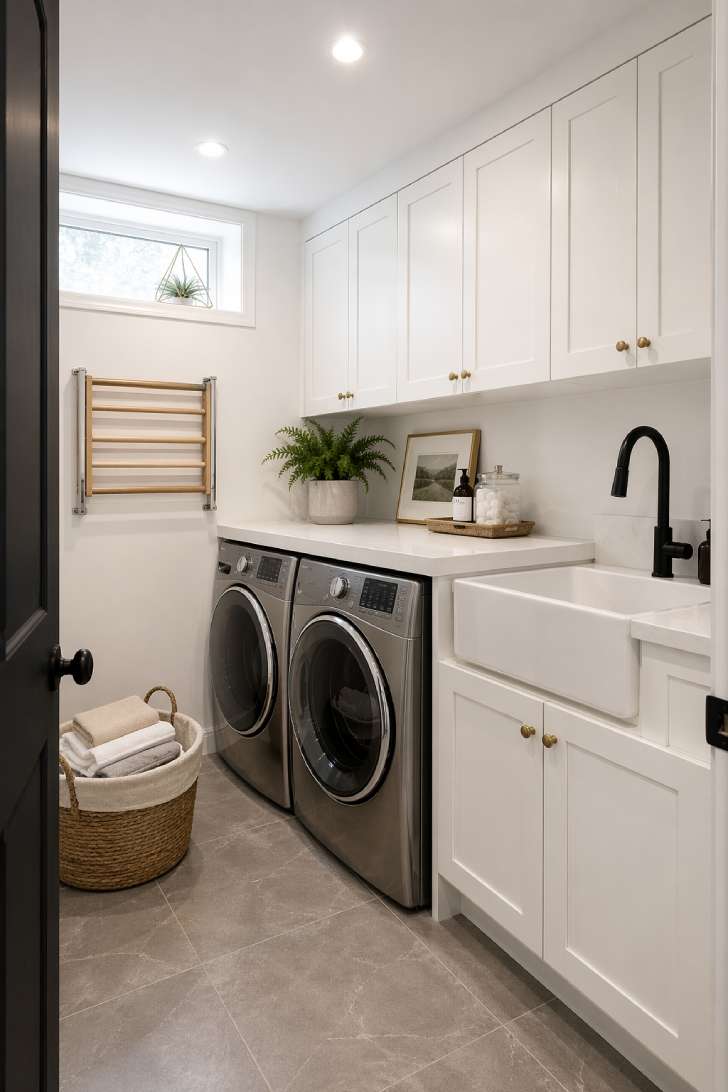 Upgraded basement laundry room with quartz folding counter, utility sink, white cabinets, and porcelain tile floor