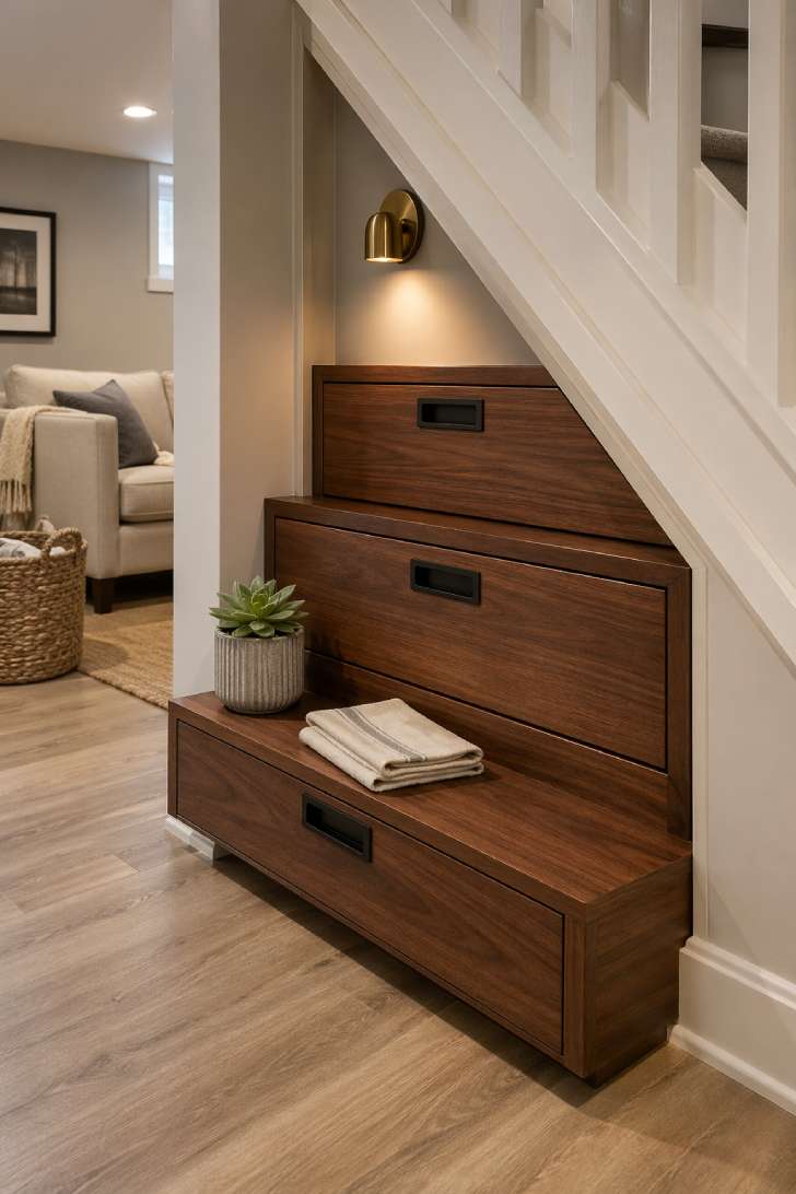 Custom under-stair storage in a finished basement with graduated walnut pull-out drawers and brass wall light