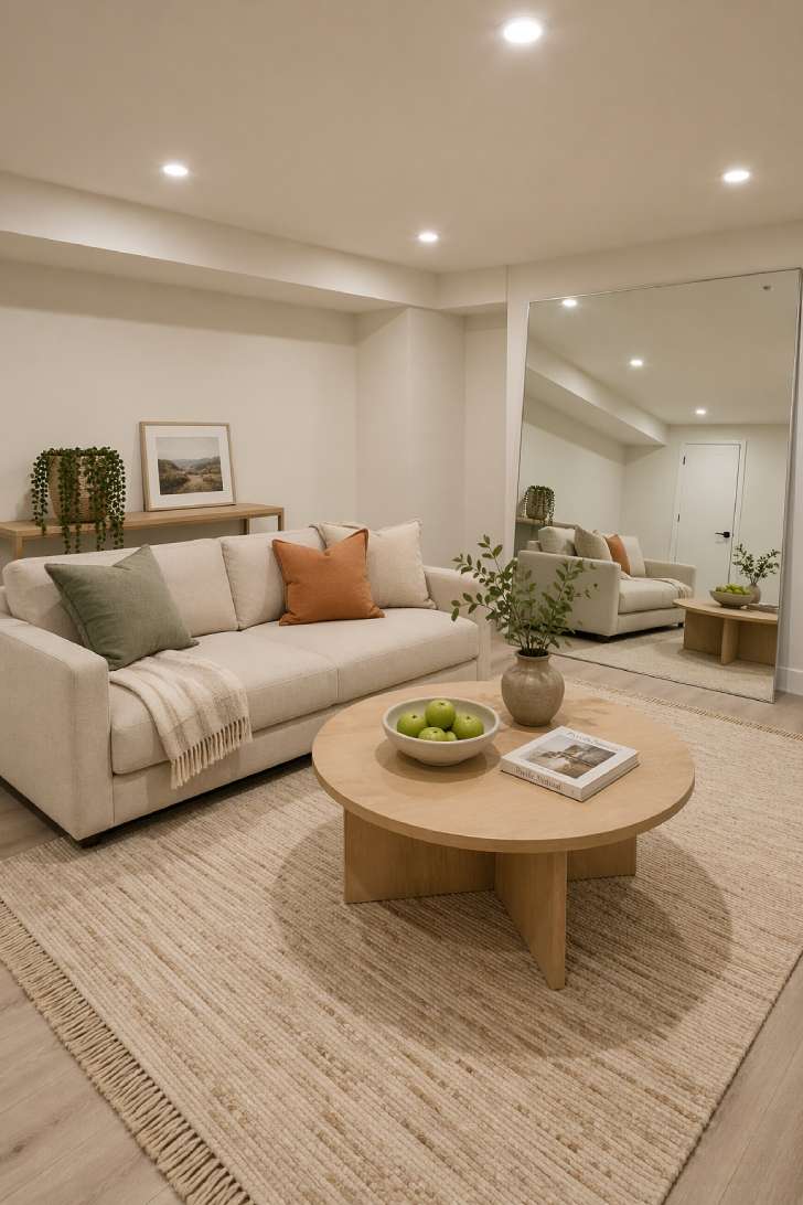 Bright small basement lounge with light walls, low-profile linen sofa, leaning mirror, and warm recessed lighting