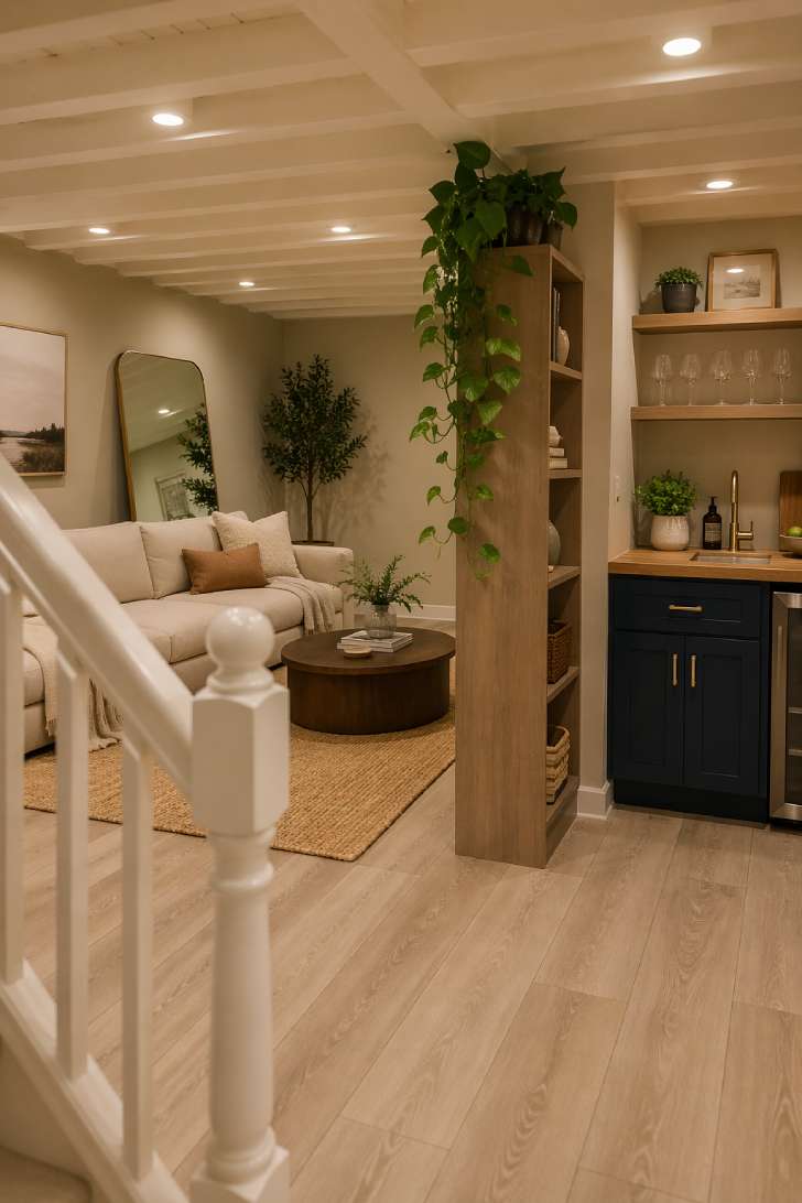 Beautifully finished small basement with lounge and kitchenette zones, white painted ceiling joists, light flooring, and warm recessed lighting viewed from the staircase