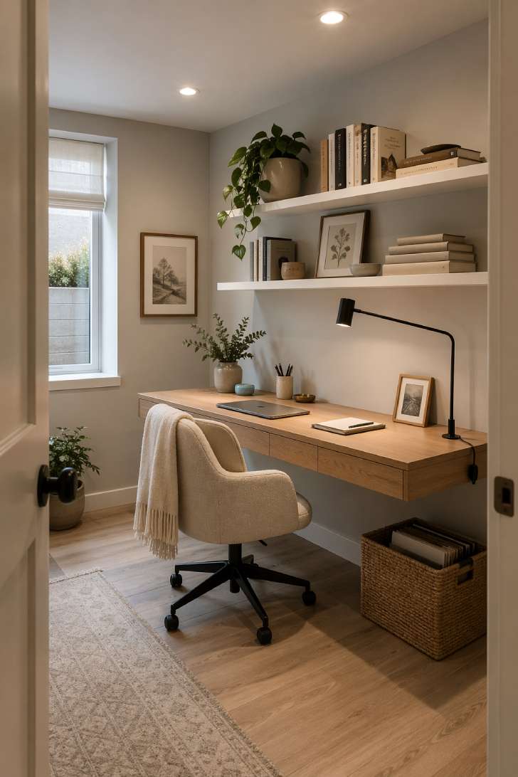 Small basement home office with floating desk, light walls, recessed lighting, and a window well bringing in natural light