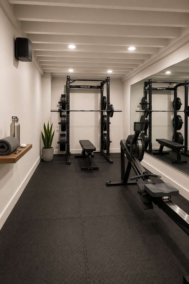 Small basement gym with rubber flooring, squat rack, rowing machine, and wall mirror reflecting the space