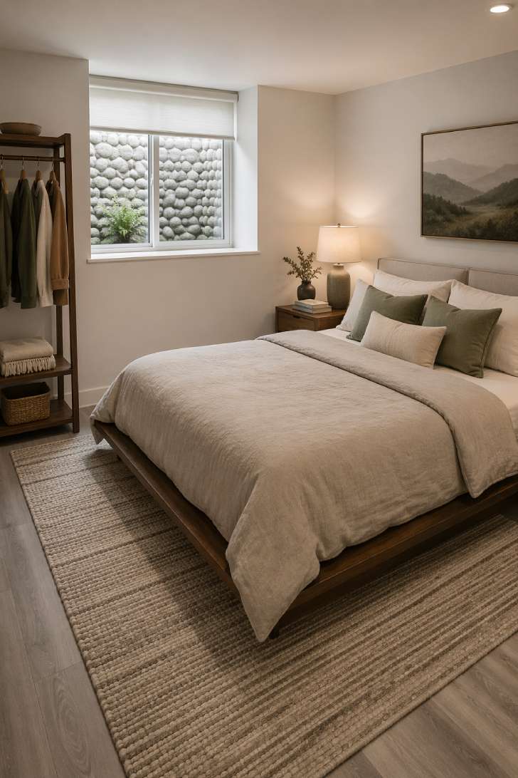 Small basement guest bedroom with low platform bed, egress window, linen bedding, and natural light from a window well