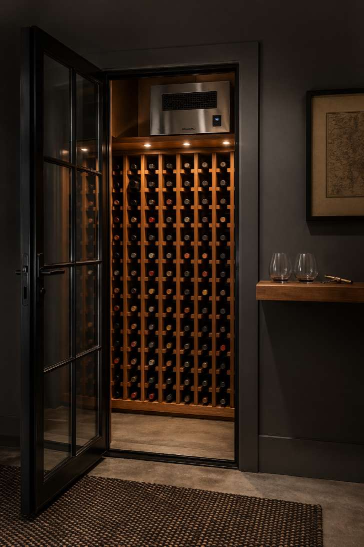 Small basement wine cellar closet with glass door, oak racking, LED accent lighting, and a compact cooling unit