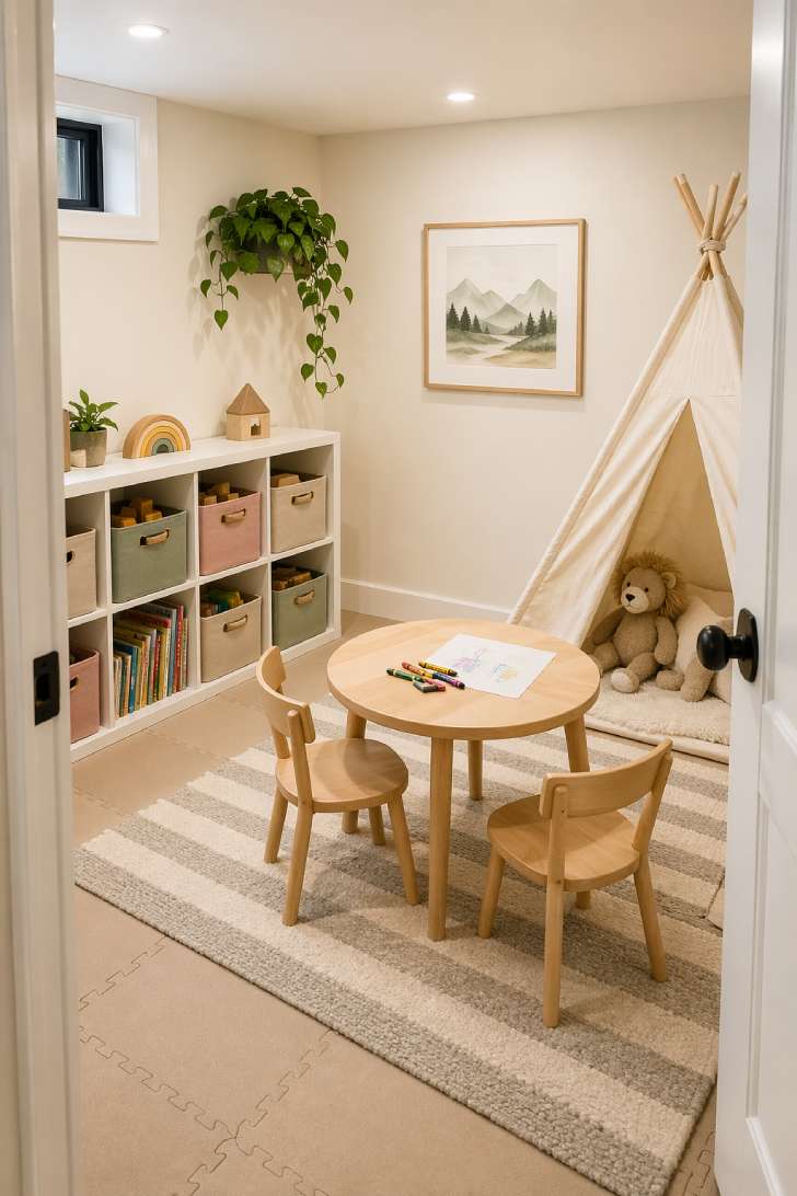 Small basement playroom with foam tile flooring, low bookcase, child-sized table, canvas teepee, and soft neutral colors