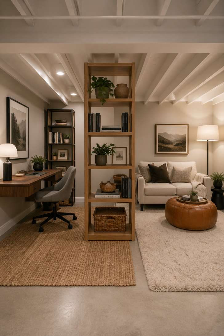 Small basement with multi-zone layout, open shelving divider, home office on one side and lounge seating on the other