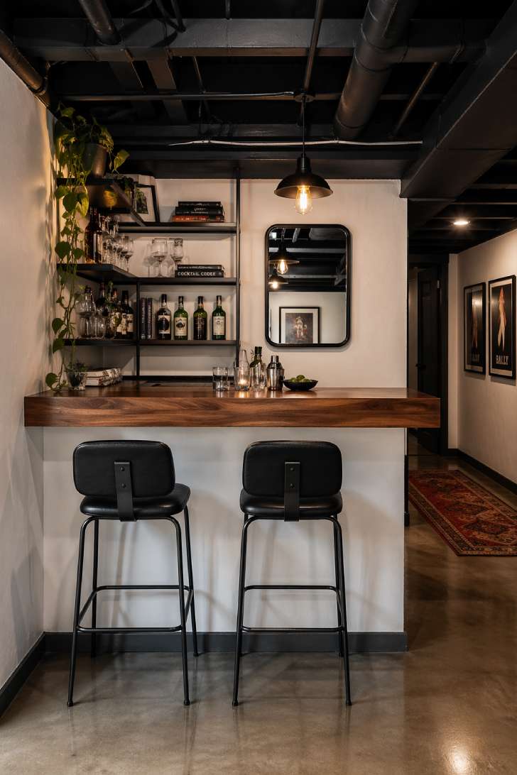 Small basement bar with industrial matte black painted ceiling, walnut counter, steel shelving, and polished concrete floor