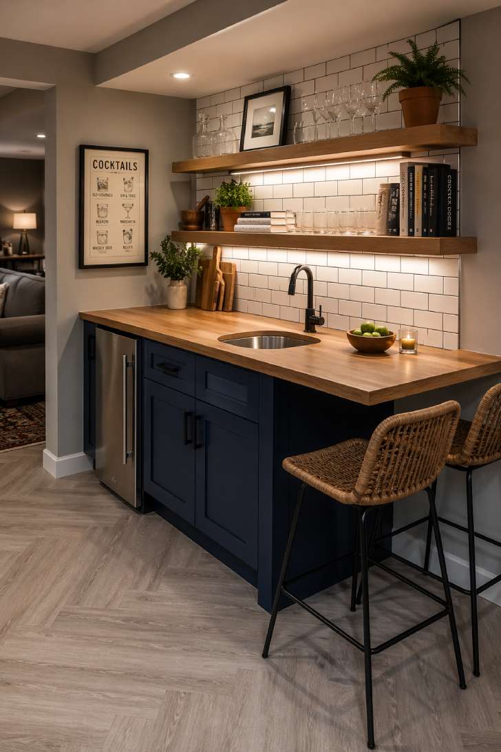 Small basement kitchenette with butcher block counter, navy cabinets, floating shelves, under-cabinet lighting, and bar stools