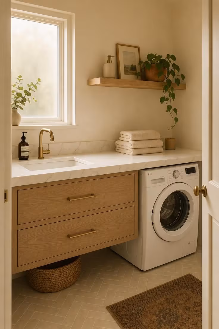 Front load washer tucked under a quartz countertop beside a bathroom sink with brushed brass faucet