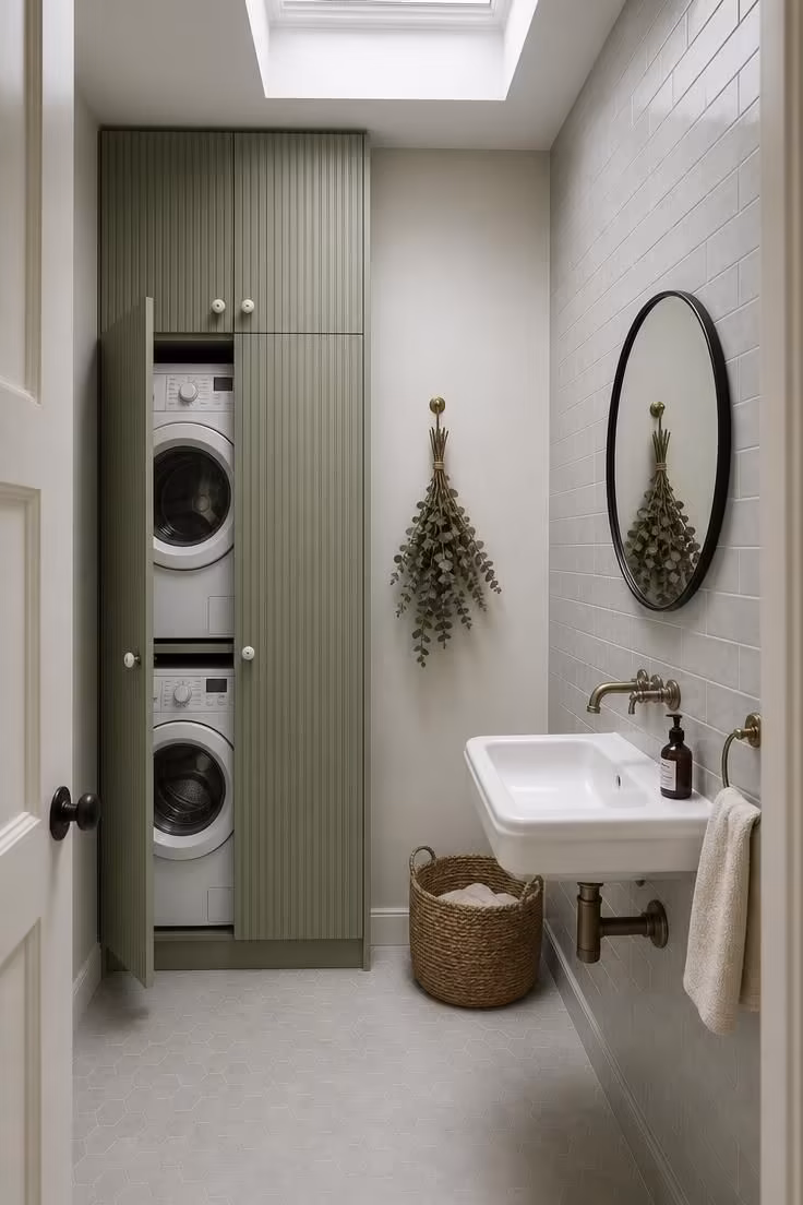 Stacked washer and dryer concealed behind fluted sage green cabinet doors in a narrow bathroom
