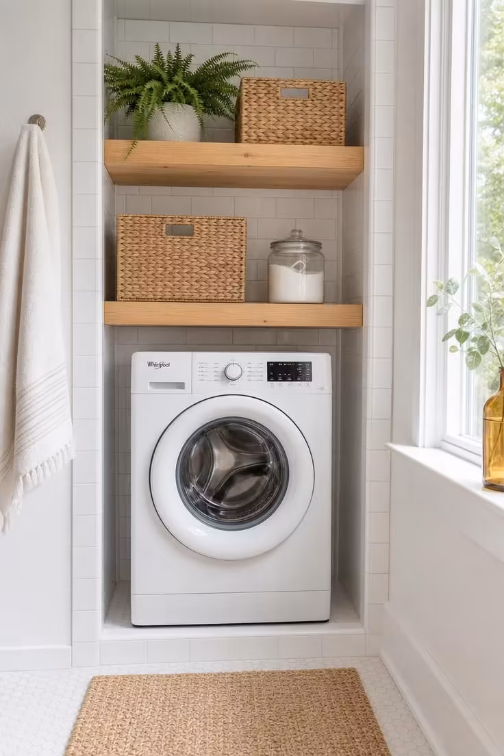 Slim front load washer in a tiled alcove with open pine shelving holding woven baskets above