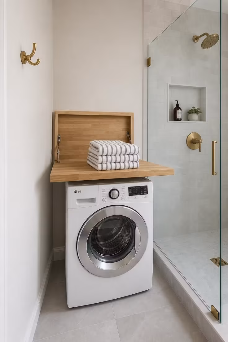 White wash machine with a butcher block folding ledge mounted above it beside a glass shower panel