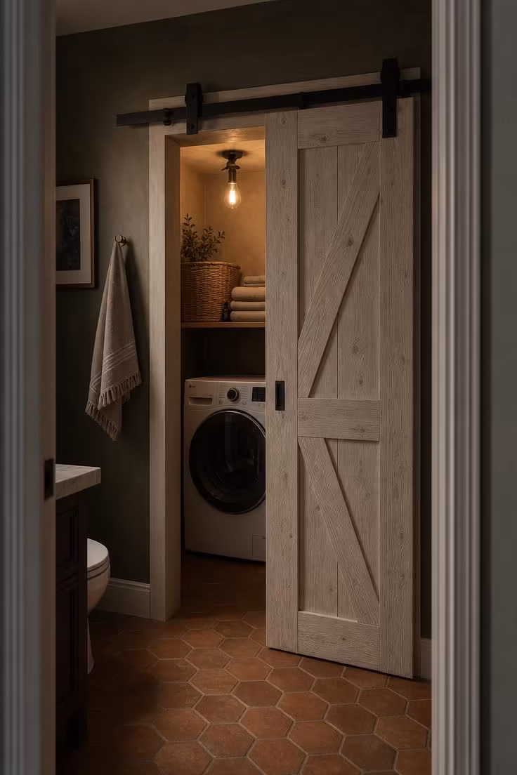 Recessed laundry closet with a whitewashed oak barn-style sliding door revealing a front load washer inside