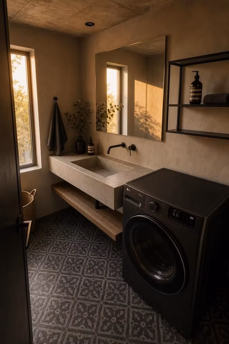 Matte black wash machine on dark cement tile floor beside a floating concrete vanity with matte black fixtures
