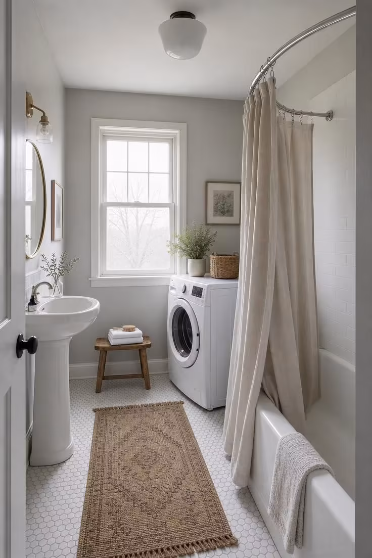 Corner-mounted white washer beside a bathtub with a curved shower curtain rod and linen drape