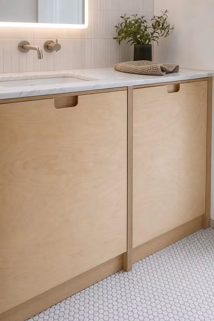 Compact washer concealed inside a birch plywood vanity cabinet with matching doors and marble countertop