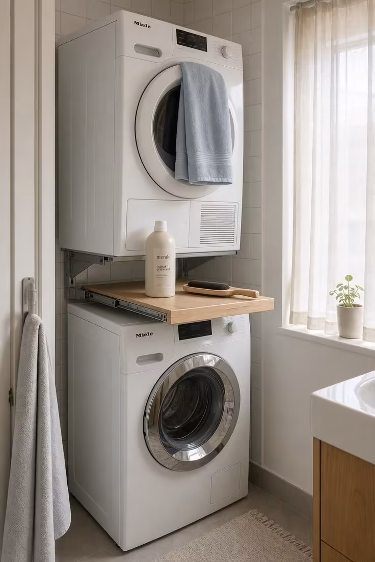 Wall-hung dryer mounted above a front load washer with a pull-out wooden shelf between the two machines