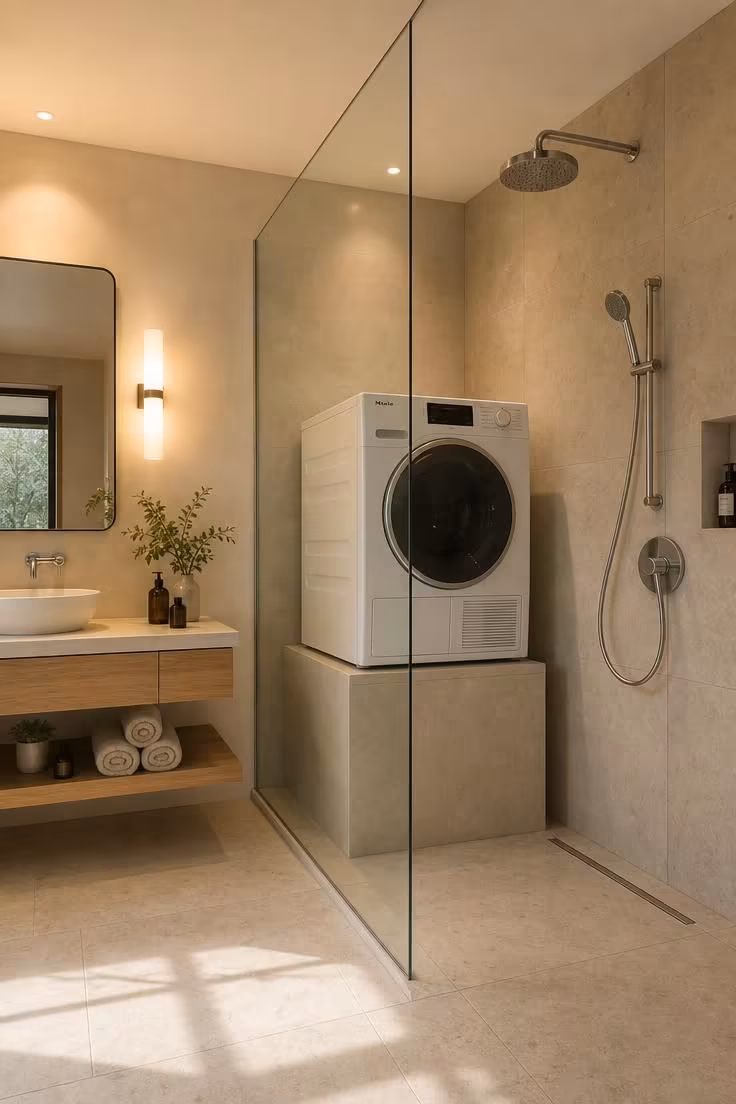 Washer dryer combo unit elevated on a tiled plinth inside a wet-room walk-in shower zone