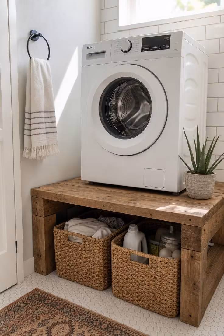 Compact front load washer on a reclaimed wood platform with woven seagrass baskets stored underneath