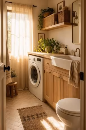 Cozy small bathroom with a front load washer tucked under an oak countertop beside the sink with warm natural light