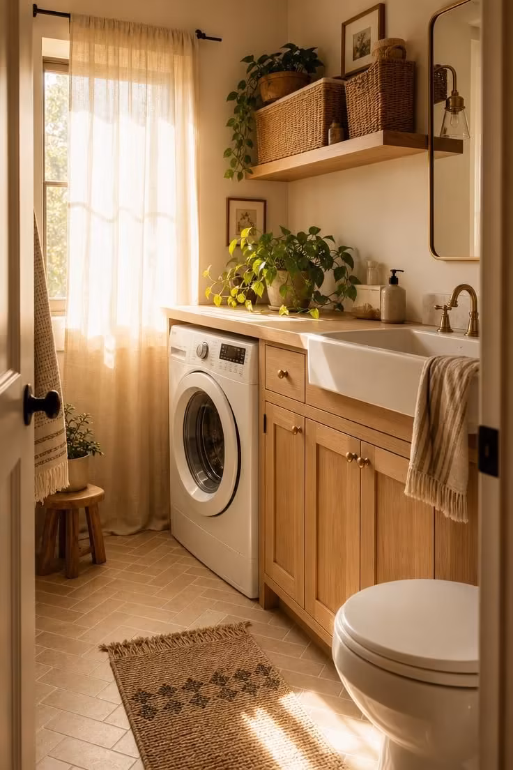 Simple Spaces 14 Cozy small bathroom with a front load washer tucked under an oak countertop beside the sink with warm natural light