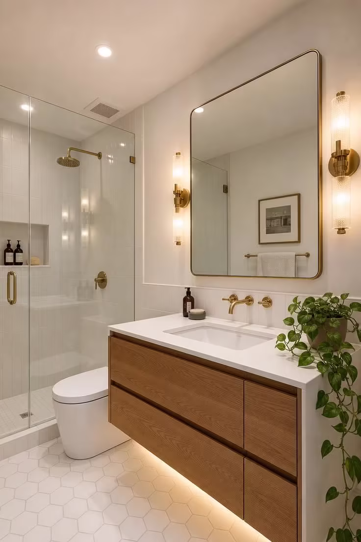 7 Decorating Mistakes That Make a Small Bathroom Without Windows Feel Like a Cave 1 A small windowless bathroom with three layers of lighting including recessed ceiling lights, brass wall sconces beside a wide mirror, and an LED strip under a floating oak vanity.