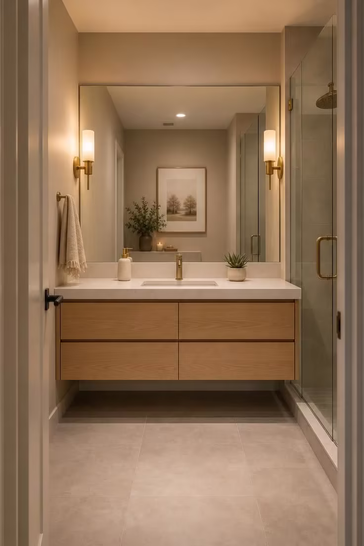 7 Decorating Mistakes That Make a Small Bathroom Without Windows Feel Like a Cave 3 A small windowless bathroom seen from the doorway, with a full-width mirror above a floating oak vanity that visually doubles the room's depth under warm golden sconce light.