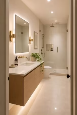 A small windowless bathroom designed with layered lighting, pale warm-white walls, a full-width backlit mirror, floating oak vanity, and large-format glossy floor tile, appearing bright and spacious despite having no windows.