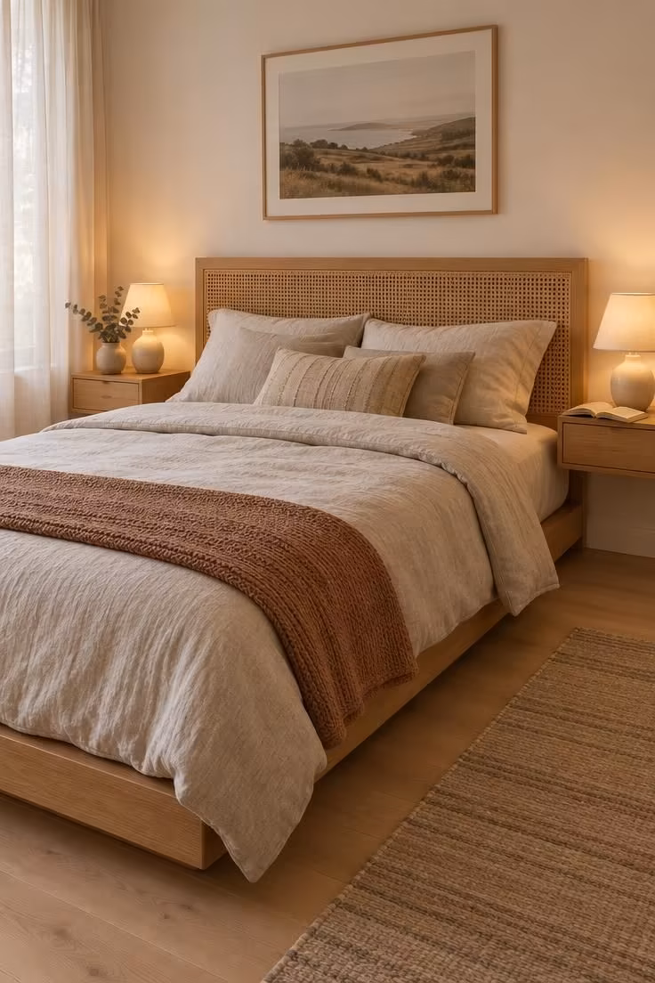 13 Cozy Small Bedroom Ideas for Teens to Love Today 1 Low platform bed with a woven cane headboard and two floating nightstands holding small warm lamps in a compact bedroom.