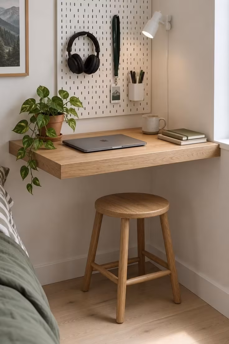 13 Cozy Small Bedroom Ideas for Teens to Love Today 2 Corner desk made from a floating oak plank with a slim pegboard above holding headphones and small supplies.