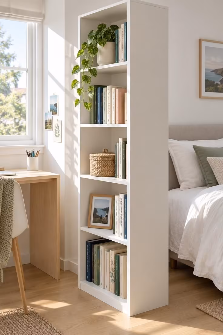 13 Cozy Small Bedroom Ideas for Teens to Love Today 3 Tall narrow white bookcase standing perpendicular to a wall, dividing a study zone from a sleep zone in a small bedroom.