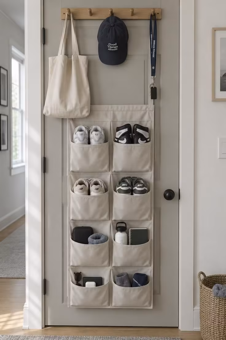 13 Cozy Small Bedroom Ideas for Teens to Love Today 4 Over-door pocket organizer and wooden peg rail on the back of a bedroom door holding shoes, bags, and accessories.