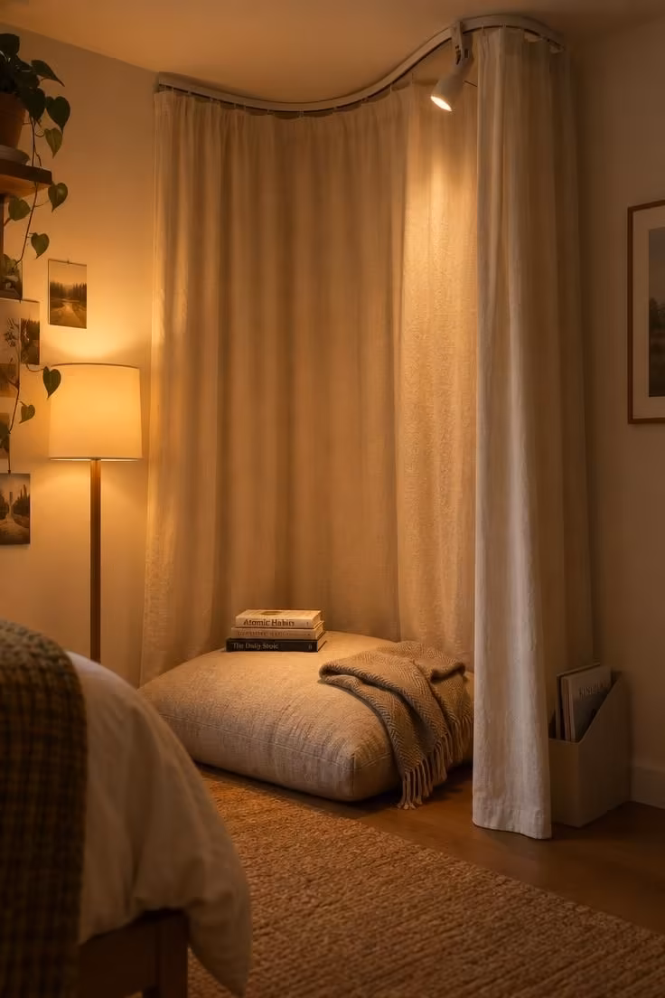 13 Cozy Small Bedroom Ideas for Teens to Love Today 5 Corner reading nook formed by a curtain on a ceiling track with a floor cushion, book stack, and clip light.