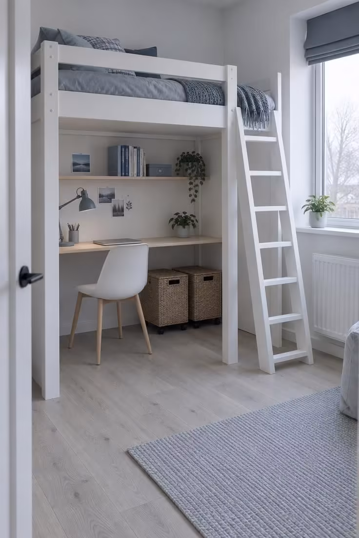 13 Cozy Small Bedroom Ideas for Teens to Love Today 6 Raised loft bed with a study alcove underneath showing a desk, shelf, and lidded bins in a small bedroom.